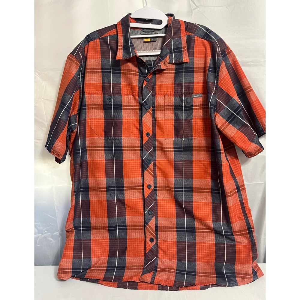 Eddie Bauer Mens TXL Orange Plaid Short Sleeve Button Up Hiking Shirt Tall XL